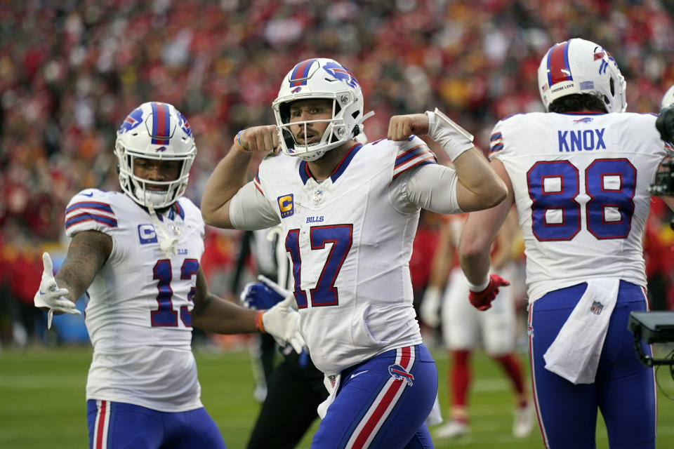 Buffalo Bills quarterback Josh Allen (17) celebrates after scoring during the first half of an NFL football game against the Kansas City Chiefs Sunday, Dec. 10, 2023, in Kansas City, Mo. (AP Photo/Charlie Riedel)