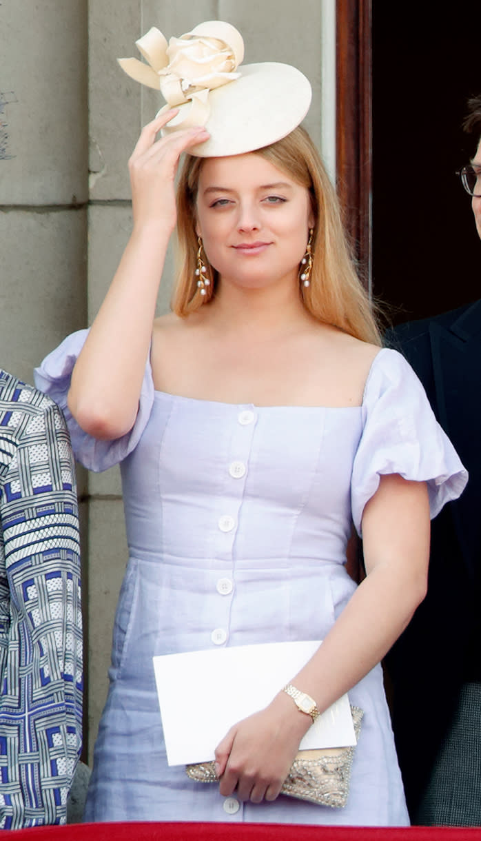 Little-known royal Flora Alexandra Ogilvy wore a lilac dress with a ecru straw disc percher, which royal watchers royalhats.net spotted she'd previously worn at a wedding the month before. (Getty Images)
