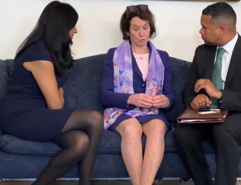 Former Maryland Lt. Gov. Kathleen Kennedy Townsend, center, speaks with Lt. Gov. Aruna Miller, left, and the governor's nominee to lead the new department of service, Paul Monteiro, right, after an announcement about the nomination held at the State House on Monday, April 3, 2023.