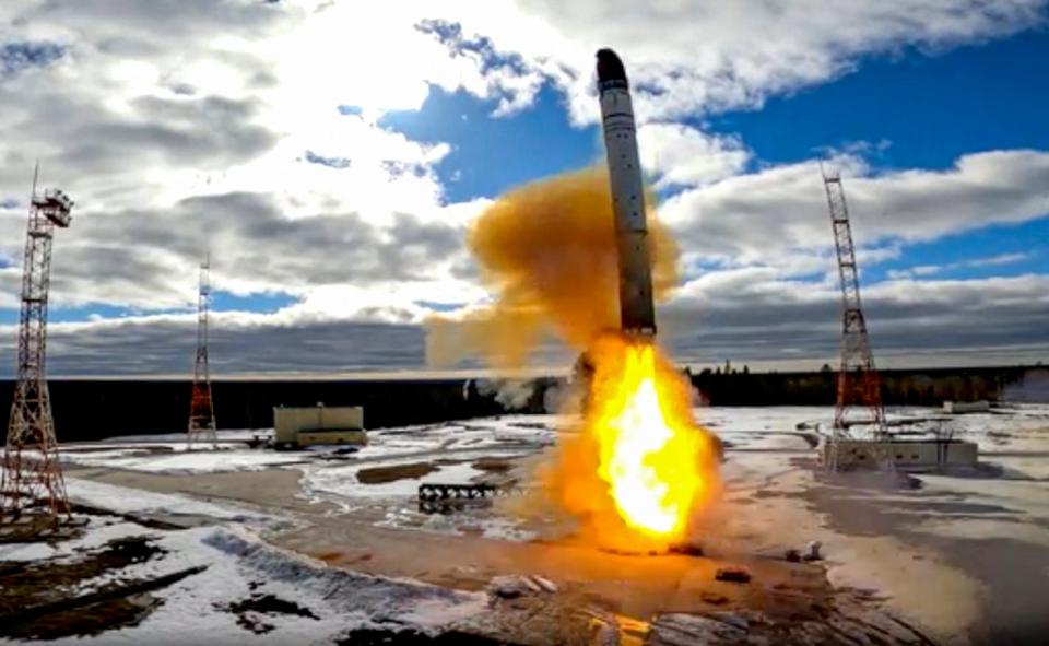 The launch of Russia’s new ‘Sarmat’ or ‘Satan-2’ intercontinental ballistic missile from the Plesetsk Cosmodrome in Arkhangelsk on 20 April 2022 (EPA)