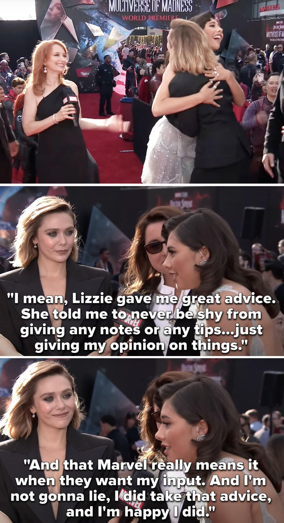 Xochitl Gomez and Elizabeth Olsen on the red carpet, and Gomez saying, "I mean, Lizzie gave me great advice. She told me to never be shy from giving any notes or any tips...just giving my opinion on things."