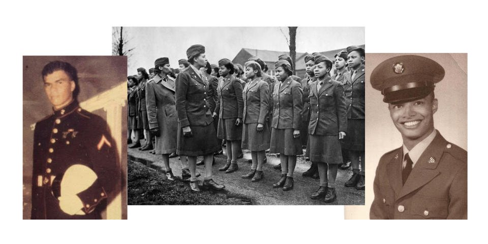 Cresencia Garcia, who was part of Unit 6888, center, had sons who both served, Corporal Angel Garcia, left, and Spec 5 Esteban Garcia III, right. (Courtesy Garcia family; National Archives)