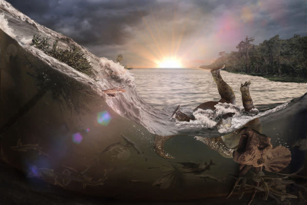 Scientists say a meteor impact 66 million years ago generated a tsunami-like wave in an inland sea that killed and buried fish, mammals, insects and a dinosaur. (Illustration courtesy of Robert DePalma)