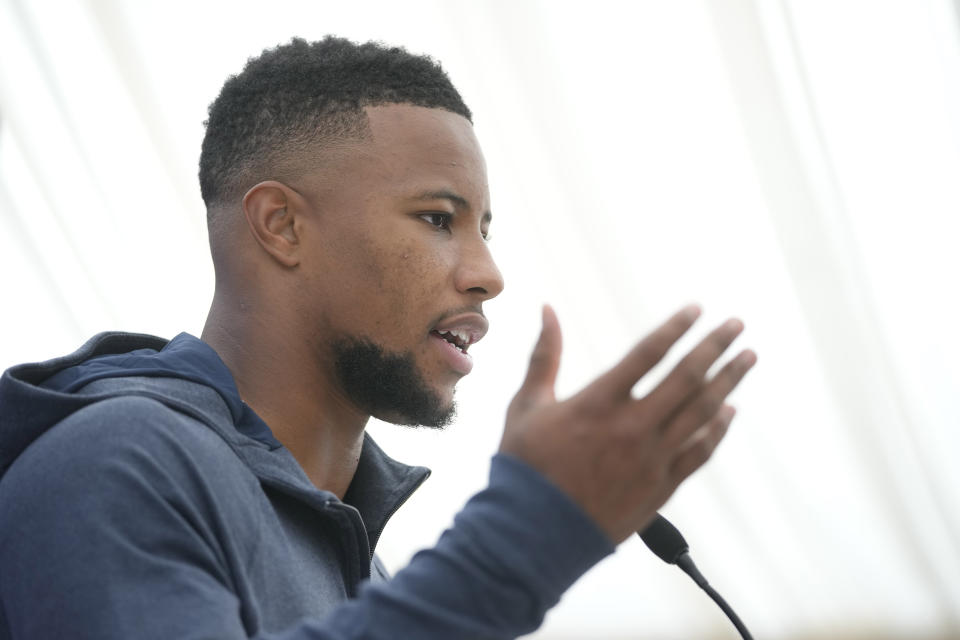 Saquon Barkley will become the highest-paid running back in Eagles history when he signs his reported three-year, $37.75 million deal. (AP Photo/Kin Cheung)