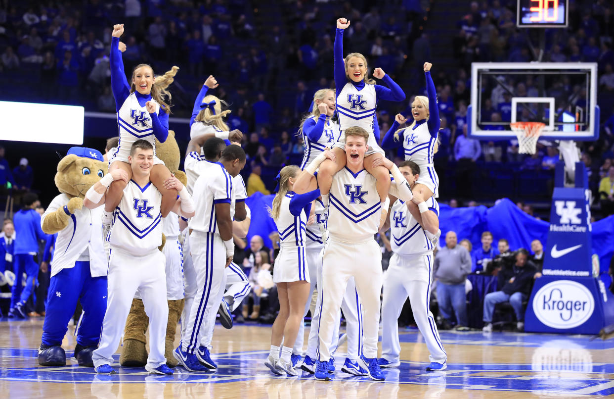 LEXINGTON, KENTUCKY - NOVEMBER 22:   Kentucky Wildcats cheerleaders perform during the game against the Mount St Mary'S Moutaineers at Rupp Arena on November 22, 2019 in Lexington, Kentucky. (Photo by Andy Lyons/Getty Images)