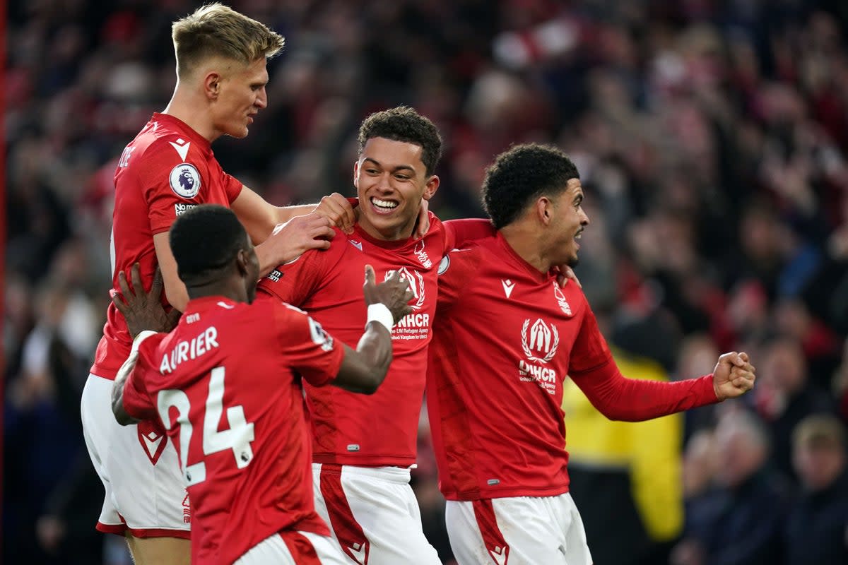 Brennan Johnson, centre, scored twice as Nottingham Forest beat Leicester 2-0 at the City Ground (Mike Egerton/PA) (PA Wire)