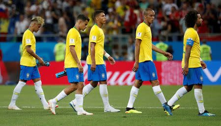Soccer Football - World Cup - Group E - Brazil vs Switzerland - Rostov Arena, Rostov-on-Don, Russia - June 17, 2018 Brazil's Neymar, Philippe Coutinho, Thiago Silva, Miranda and Marcelo look dejected at the end of the match REUTERS/Damir Sagolj TPX IMAGES OF THE DAY