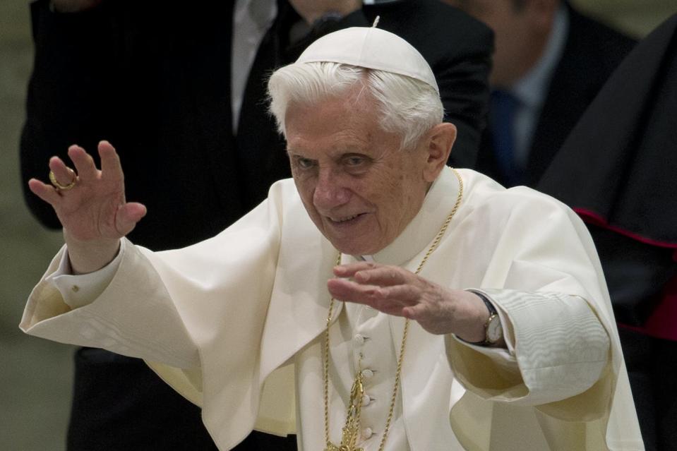 Pope Benedict XVI during a general audience held at the Vatican in 2013. <a href="https://newsroom.ap.org/detail/VaticanPope/0107ff30174e41feb2ad507069f4a820/photo?Query=pope%20benedict%20xvi%202013&mediaType=photo&sortBy=&dateRange=Anytime&totalCount=2010&currentItemNo=3" rel="nofollow noopener" target="_blank" data-ylk="slk:AP Photo/Andrew Medichini;elm:context_link;itc:0;sec:content-canvas" class="link ">AP Photo/Andrew Medichini</a>