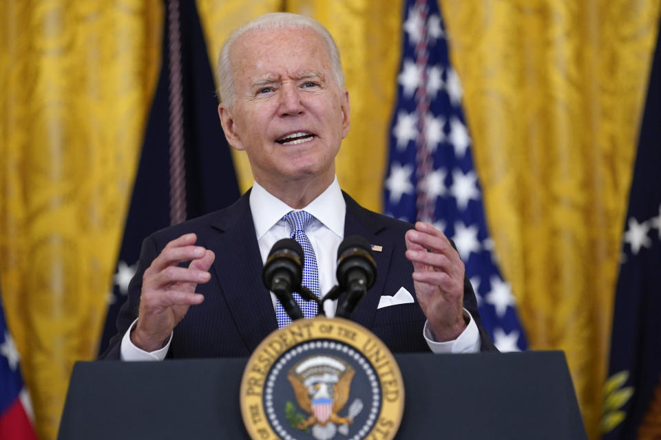 President Joe Biden speaks about COVID-19 vaccine requirements for federal workers in the East Room of the White House in Washington, Thursday, July 29, 2021. (AP Photo/Susan Walsh)