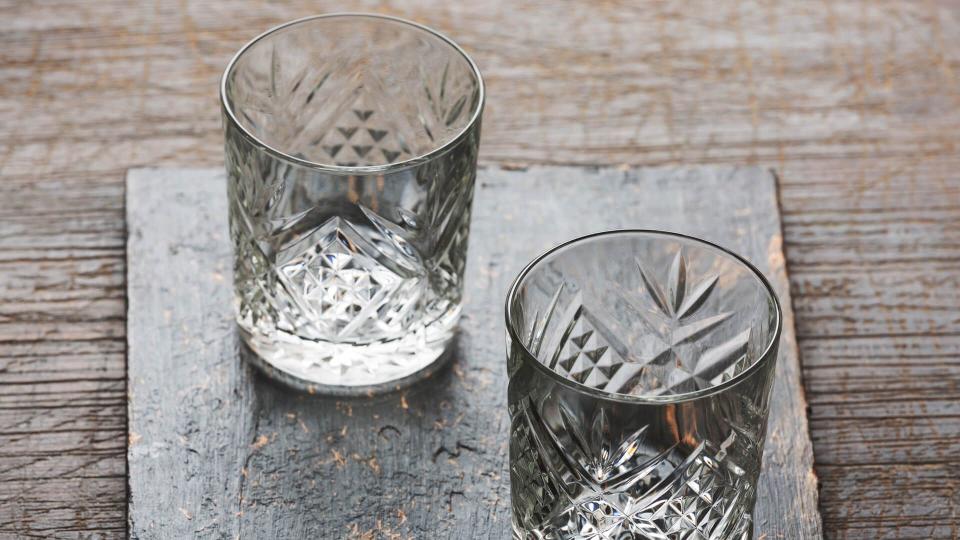 Old-fashioned glasses for alcoholic drinks.