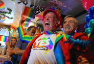 <p>Members of Sydney’s gay community react as they celebrate after it was announced the majority of Australians support same-sex marriage in a national survey, paving the way for legislation to make the country the 26th nation to formalize the unions by the end of the year, at a pub located on Sydney’s Oxford Street, Australia, Nov. 15, 2017. (Photo: Steven Saphore/Reuters) </p>