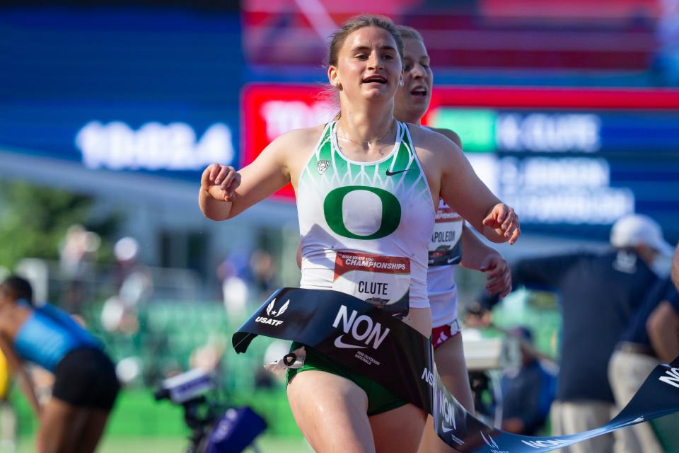 Oregon’s Katie Clute wins the U20 women’s 3,000 meter steeplechase during the Nike Outdoor Nationals & USATF U20 Championships Wednesday, June 12, 2024 at Hayward Field in Eugene, Ore.