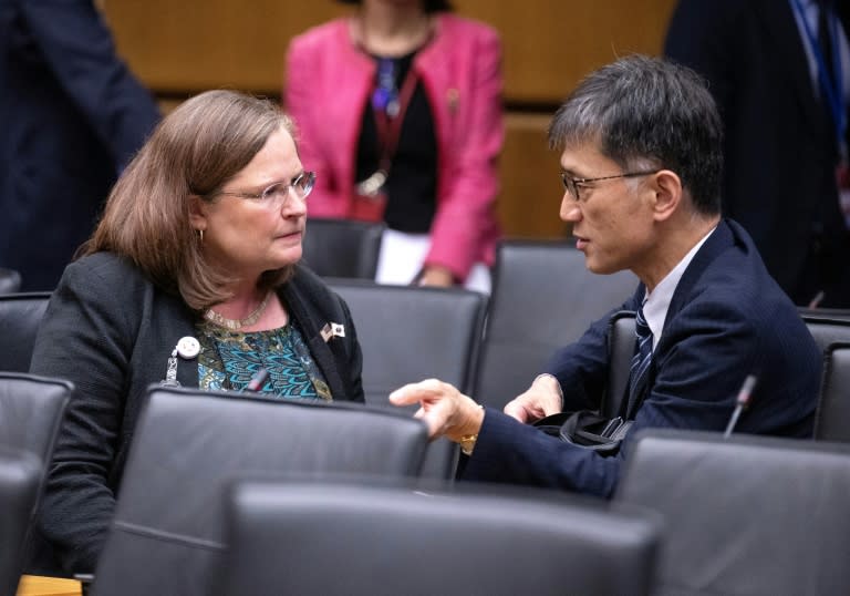 La embajadora de EEUU para las organizaciones de la ONU en Viena, Laura Holgate, junto al representante de Japón, Kaifu Atsushi, en una reunión de gobernadores del Organismo Internacional de Energía Atómica convocada el 3 de junio de 2024 (Joe Klamar)