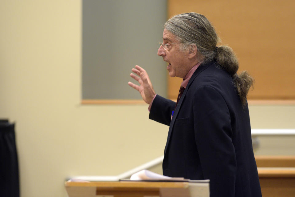 Norm Pattis, attorney for Alex Jones, addresses the court during his closing statements in the Alex Jones Sandy Hook defamation damages trial in Superior Court in Waterbury, Conn., on Thursday, Oct. 6, 2022. (H John Voorhees III/Hearst Connecticut Media via AP, Pool)