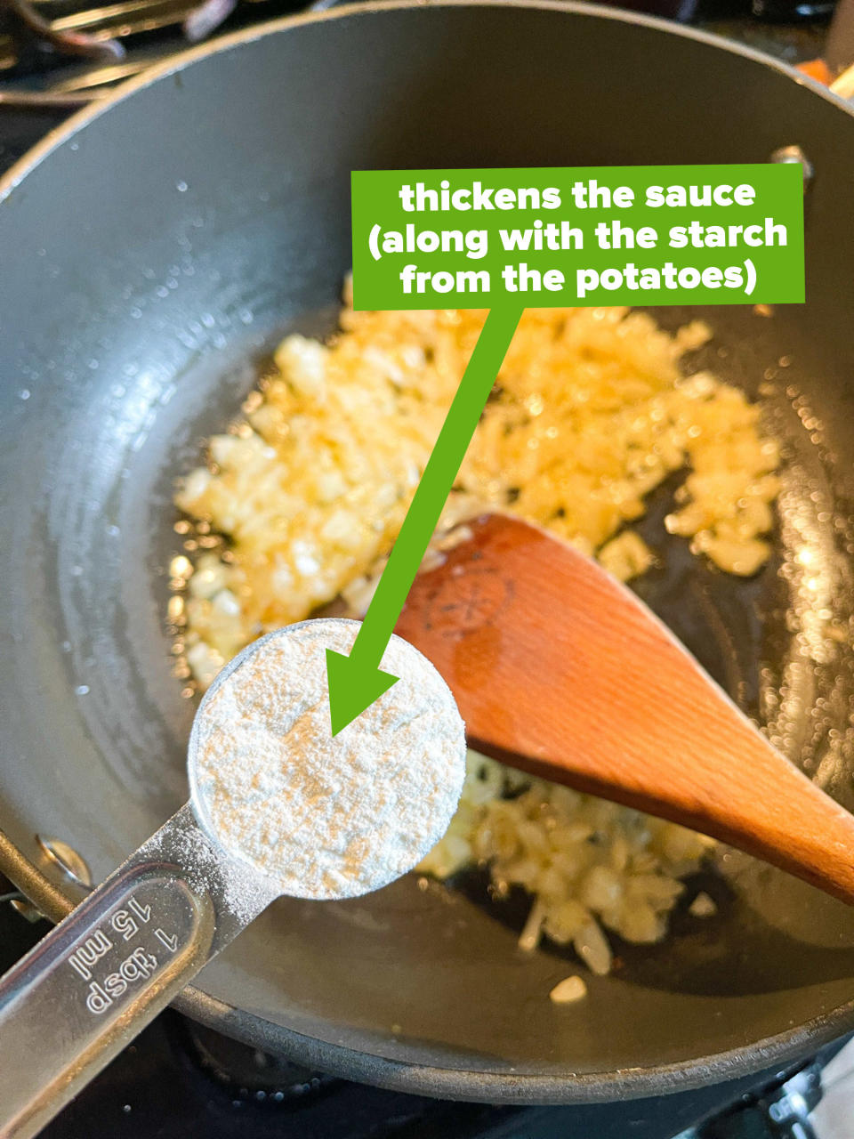 A scoop of flour being added to the recipe, with a note saying it works in tandem with the starch of the potatoes to thicken the sauce