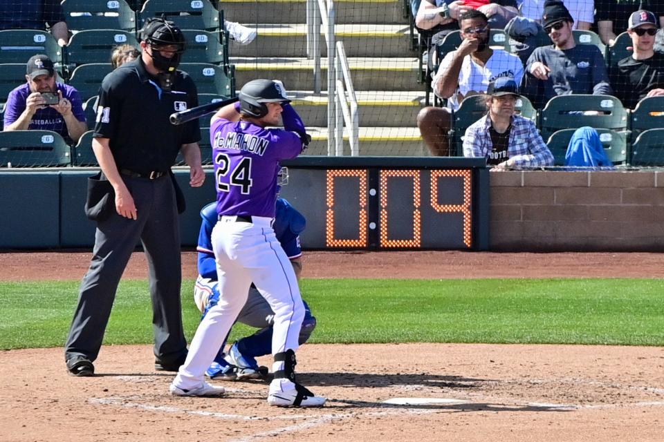 A view of the pitch clock during a Rangers-Rockies spring training game.