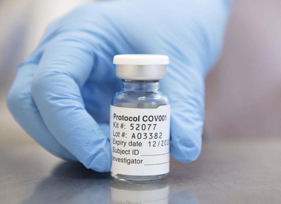 This undated photo issued by the University of Oxford shows of vial of coronavirus vaccine developed by AstraZeneca and Oxford University, in Oxford, England. Pharmaceutical company AstraZeneca said Monday Nov. 23, 2020, that late-stage trials showed its coronavirus vaccine was up to 90% effective, giving public health officials hope they may soon have access to a vaccine that is cheaper and easier to distribute than some of its rivals. (University of Oxford/John Cairns via AP)