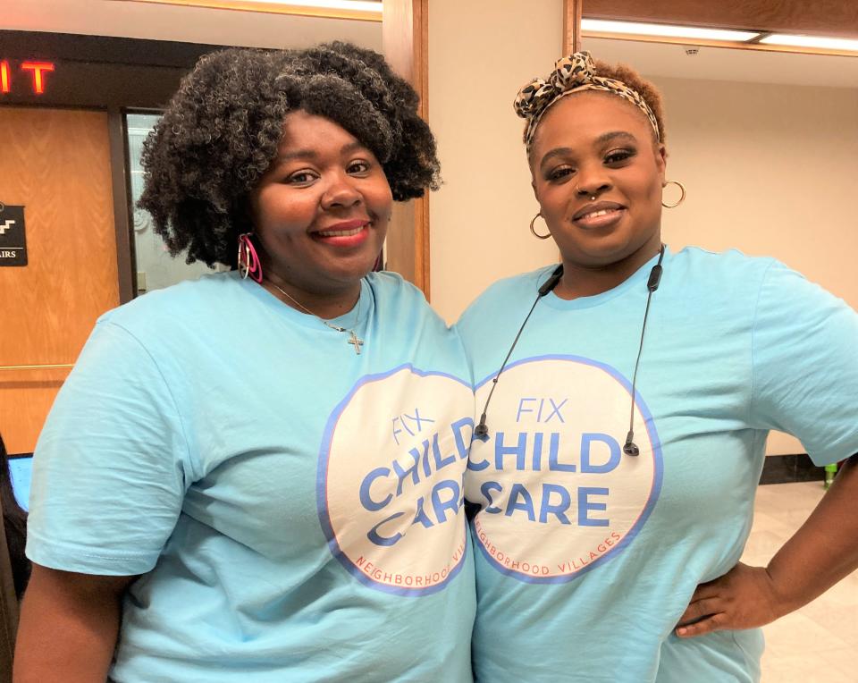 LaToya Gayle, left, and Shamilia Lloyd, likened the cost of child care and early education to the cost of college. The women testified in favor of a bill that would fund child care in Massachusetts Tuesday before the Joint Committee on Education at the State House.