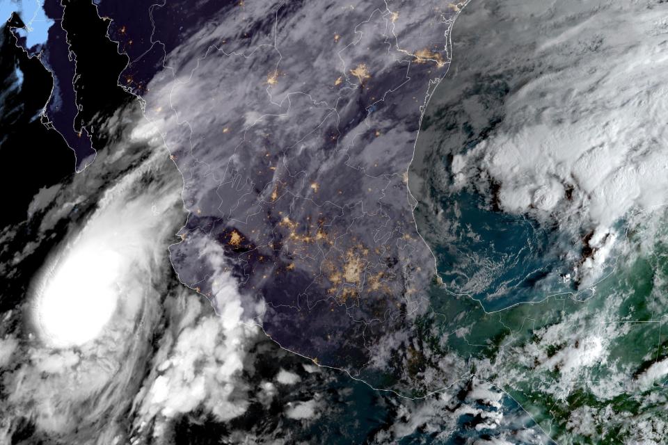 This satellite image provided by NOAA at 8 a.m EDT on Tuesday, Oct. 10, 2023, shows Hurricane Lidia in the Pacific Ocean approaching Puerto Vallarta, Mexico.