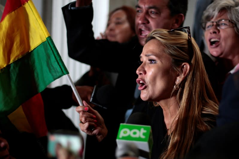 Bolivian opposition leader and senator Jeanine Anez Chavez holds a Bolivian flag while arriving to the Congress building in La Paz