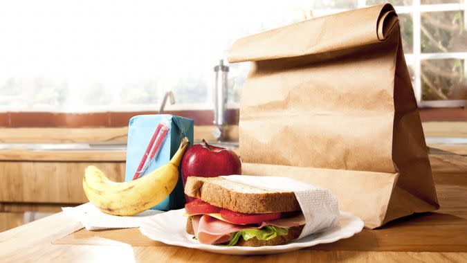 delicious and healthy school lunch with paper bag.