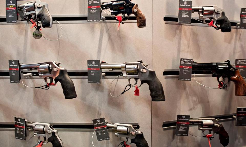 Smith & Wesson revolvers are on display at the 144th National Rifle Association (NRA) meeting and exhibits in Nashville, Tennessee. on April 2015.