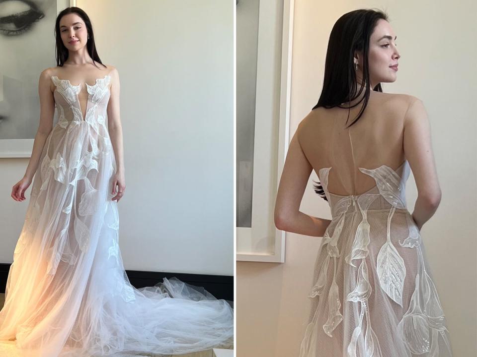 A front-and-back of a floral wedding dress.