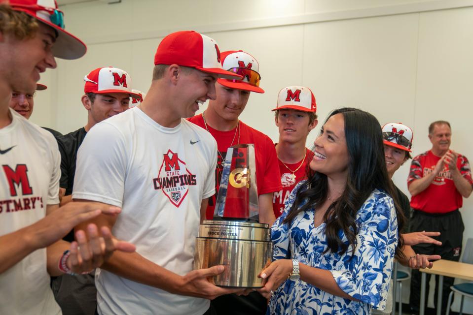 Orchard Lake St. Mary's pitcher Brock Porter is presented with the Gatorade National Player of the Year award on Tuesday.