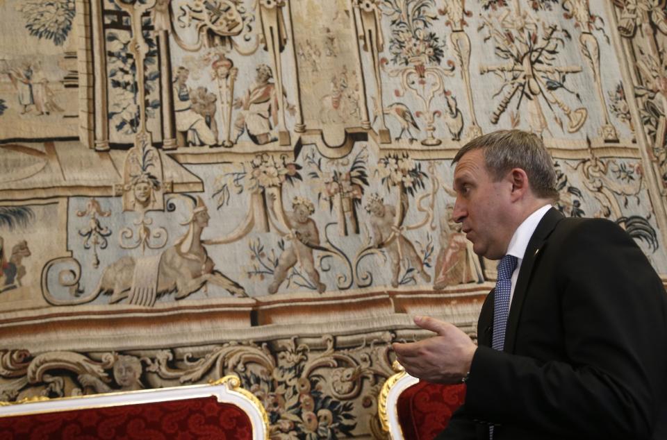 Acting Foreign Minister of Ukraine Andriy Deshchytisa speaks during an interview with The Associated Press, during a meeting on the 5th Anniversary of the Eastern Partnership at the Prague Castle in Prague, Czech Republic, Thursday, April 24, 2014. Deshchytisa described Russian military exercise close to the Ukrainian border as a provocation. The Eastern Partnership is a European initiative launched in 2009 aimed at strengthening relations between the EU and its eastern neighbours, in Armenia, Azerbaijan, Belarus, Georgia, Republic of Moldova and Ukraine.(AP Photo/Petr David Josek)