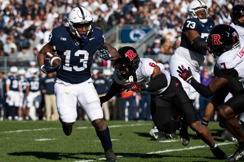 Penn State running back Kaytron Allen (13) carries the ball during an NCAA football game against Rutgers Saturday, Nov. 18, 2023, in State College, Pa. The Nittany Lions won, 27-6.