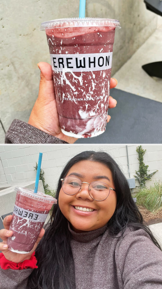 The author is holding up her Erewhon smoothie