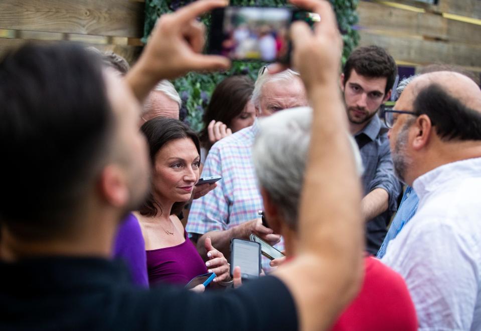 Nikki Fried answers questions at a press conference during a campaign event on Tuesday, Aug. 16, 2022 at Proof Brewing Company in Tallahassee, Fla. 