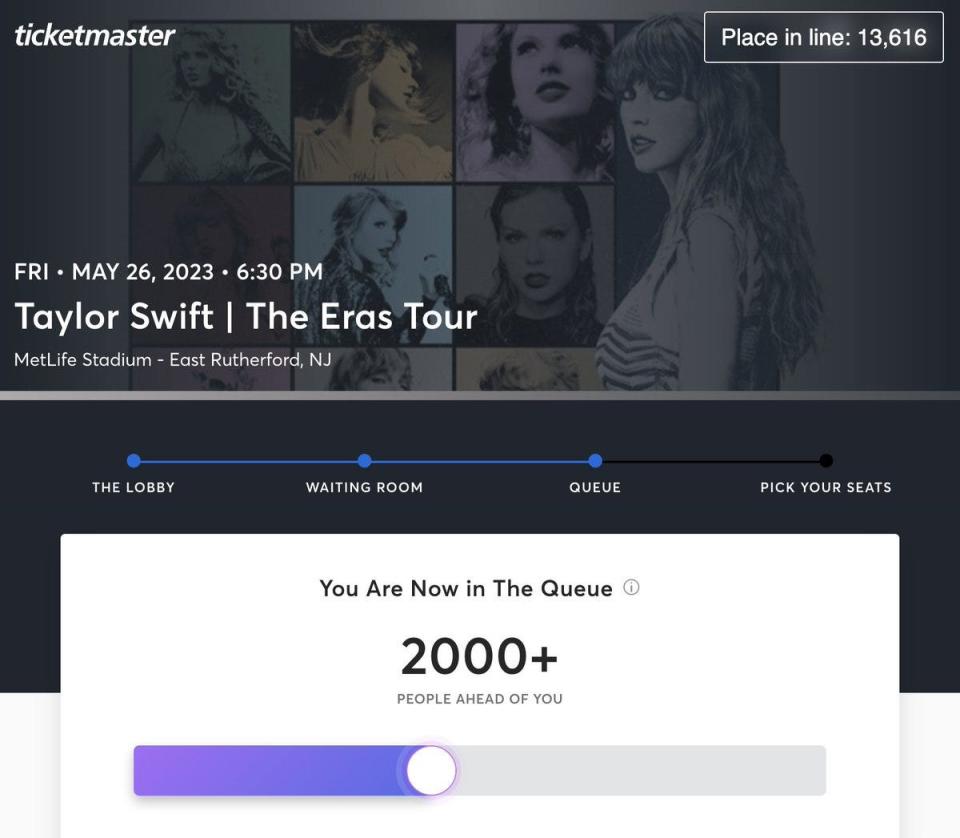 A screenshot of a Taylor Swift queue on Ticketmaster.