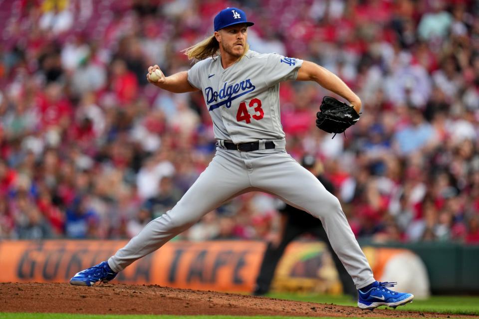 Los Angeles Dodgers starting pitcher Noah Syndergaard (43) delivers in the second inning of a baseball game between the Los Angeles Dodgers and the Cincinnati Reds, Wednesday, June 7, 2023, at Great American Ball Park in Cincinnati. 