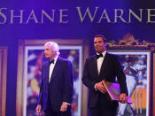 2012: one cricket legend ot another: Benaud with Shane Warne after the leg-spinner was inducted into the Australian Cricket Hall of Fame.