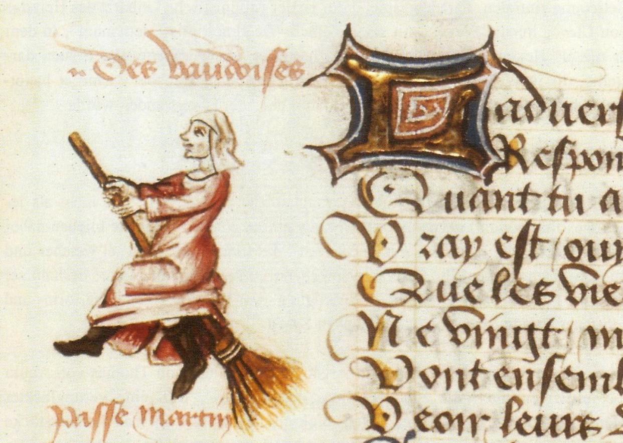 One of the earliest depictions of flying witches is in a 15th-century text entitled "Le champion des dames," or "The Defender of Ladies." <a href="https://en.m.wikipedia.org/wiki/File:Champion_des_dames_Vaudoises.JPG" rel="nofollow noopener" target="_blank" data-ylk="slk:Martin Le Franc/W. Schild. Die Maleficia der Hexenleut' via Wikimedia Commons;elm:context_link;itc:0;sec:content-canvas" class="link ">Martin Le Franc/W. Schild. Die Maleficia der Hexenleut' via Wikimedia Commons</a>