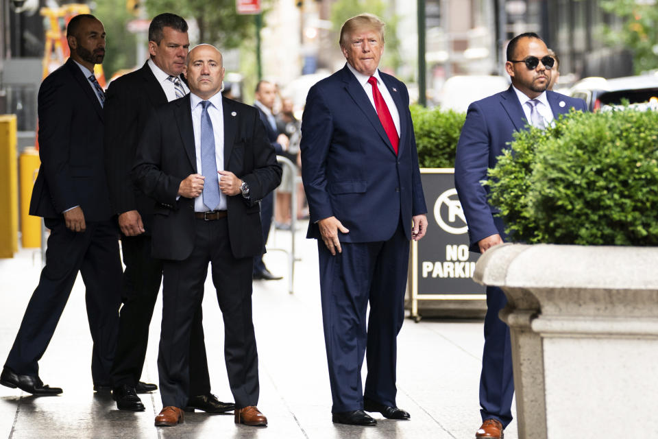 FILE - Former President Donald Trump departs Trump Tower, Wednesday, Aug. 10, 2022, in New York, on his way to the New York attorney general's office for a deposition in a civil investigation. Donald Trump's company on Tuesday, Dec. 6, 2022, has been convicted of tax fraud for a scheme by top executives to avoid paying personal income taxes on perks such as apartments and luxury cars. As punishment, the Trump Organization could be fined up to $1.6 million. (AP Photo/Julia Nikhinson, File)