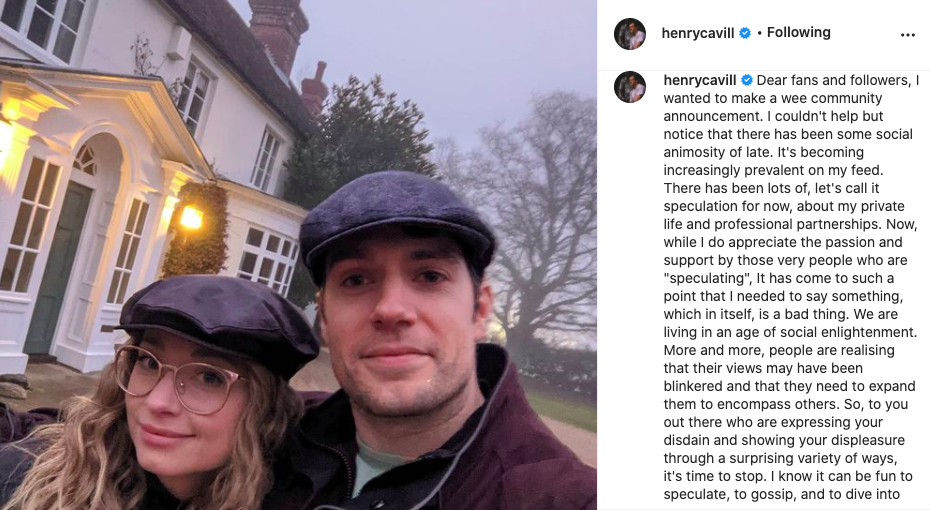 Henry Cavill hits out at fans who have been sending him nasty commentsInstagram