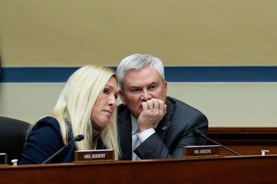 Republican Reps. Marjorie Taylor Greene of Georgia and James Comer of Kentucky spoke during a House Oversight Subcommittee on Health Care and Financial Services in December. The hearing focused on the Biden administration’s proposed rule changes to Title IX to redefine the definition of sexual discrimination to include gender identity. (Photo by Drew Angerer/Getty Images)