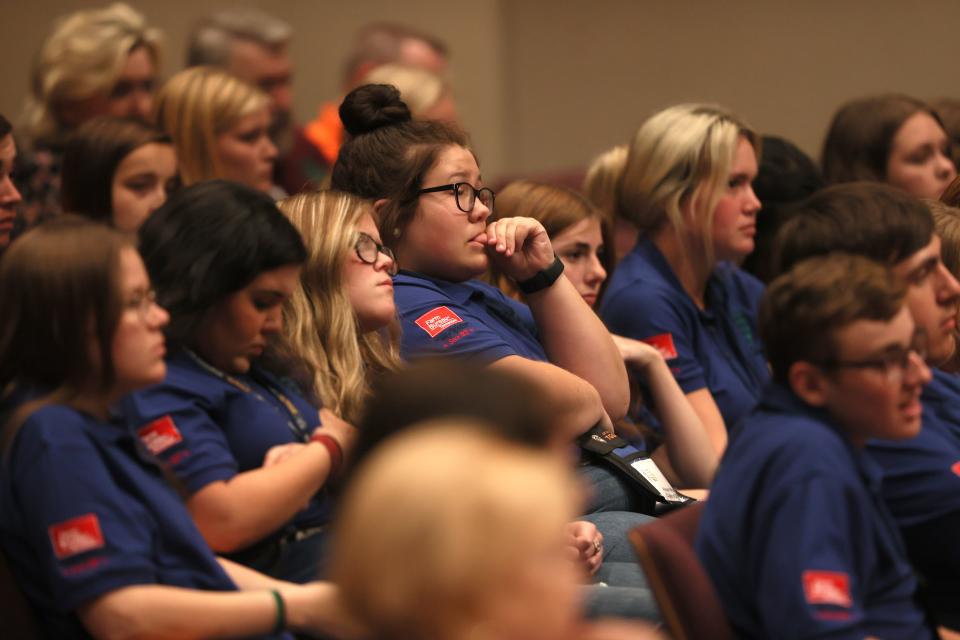 Attendees listen to the Republican Congressional Candidates from the 8th District Danny Ray Bridger, Gary Dean Clouse, Bob Hendry and Democratic candidate Lynnette Williams speak at the Watkins Auditorium inside the Boling University Center at the University of Tennessee at Martin on Thursday, June 9, 2022.