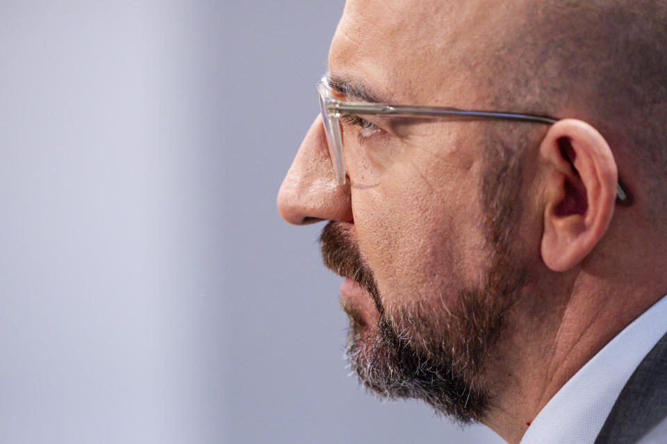 )European Council President Charles Michel speaks during an exclusive interview with the Associated Press at the EU Council in Brussels, Friday Oct. 13, 2023. (AP Photo/Geert Vanden Wijngaert