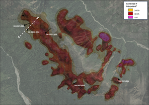 Plan view of chargeability merged from the 2014, 2022 and October 2023 IP surveys. The merged data has not been leveled by a geophysicist and is for illustrative purposes only.