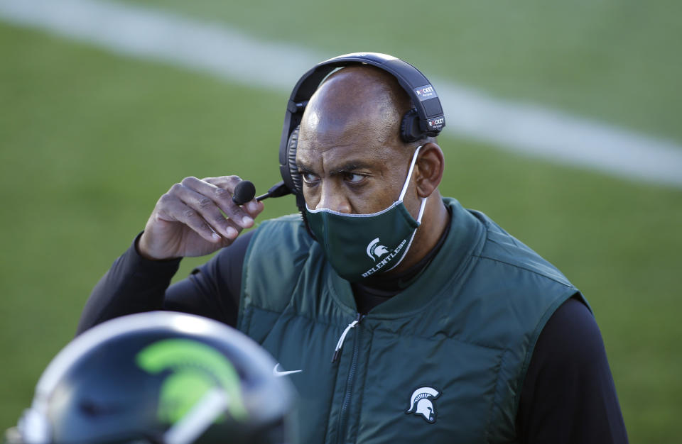 Michigan State coach Mel Tucker looks on during the first quarter of an NCAA college football game against Northwestern, Saturday, Nov. 28, 2020, in East Lansing, Mich. (AP Photo/Al Goldis)