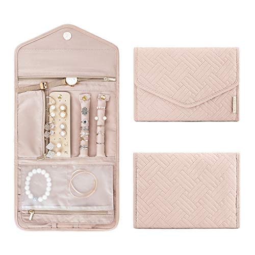 BAGSMART Travel Jewelry Organizer Roll Foldable Jewelry Case for Journey-Rings, Necklaces, Bracelets, Earrings, Soft Pink