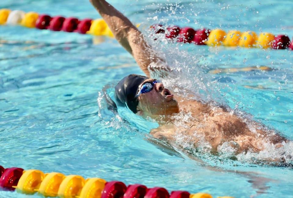 Rio Mesa High's Jaiden Monroe competes in the 100 backstroke at the CIF-State Swimming & Diving Championships at Clovis Olympic Swim Complex on Saturday, May 11, 2024. Monroe finished 16th.