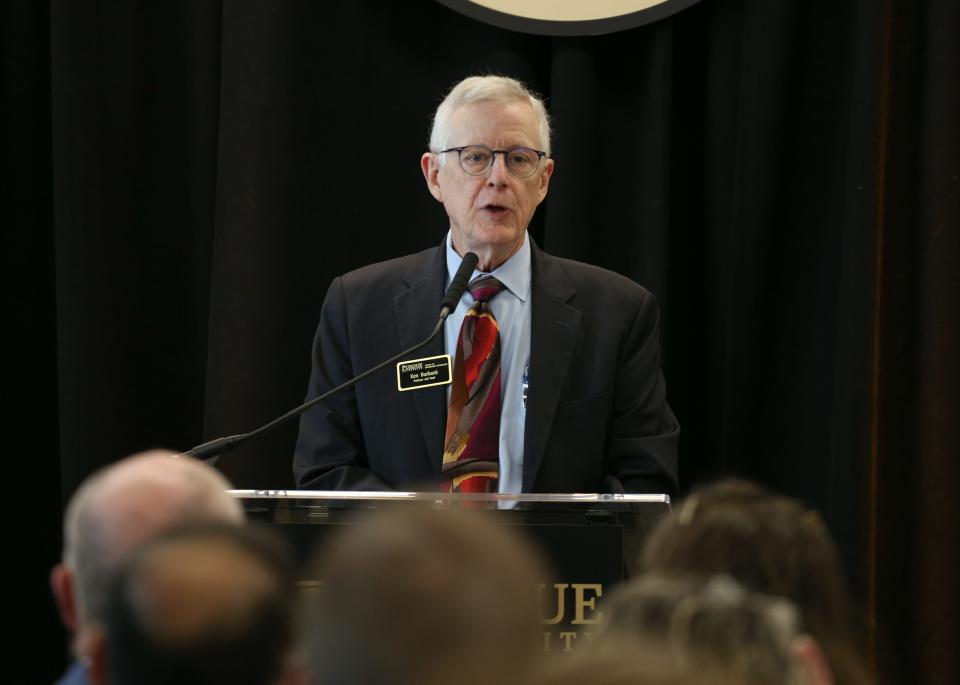 Ken Burbank, Head School of Engineering Technology, speaks at the ribbon-cutting event for Purdue University's Smart Manufacturing Labs in the Lambertus Hall, on Thursday, Nov. 30, 2023, in West Lafayette.