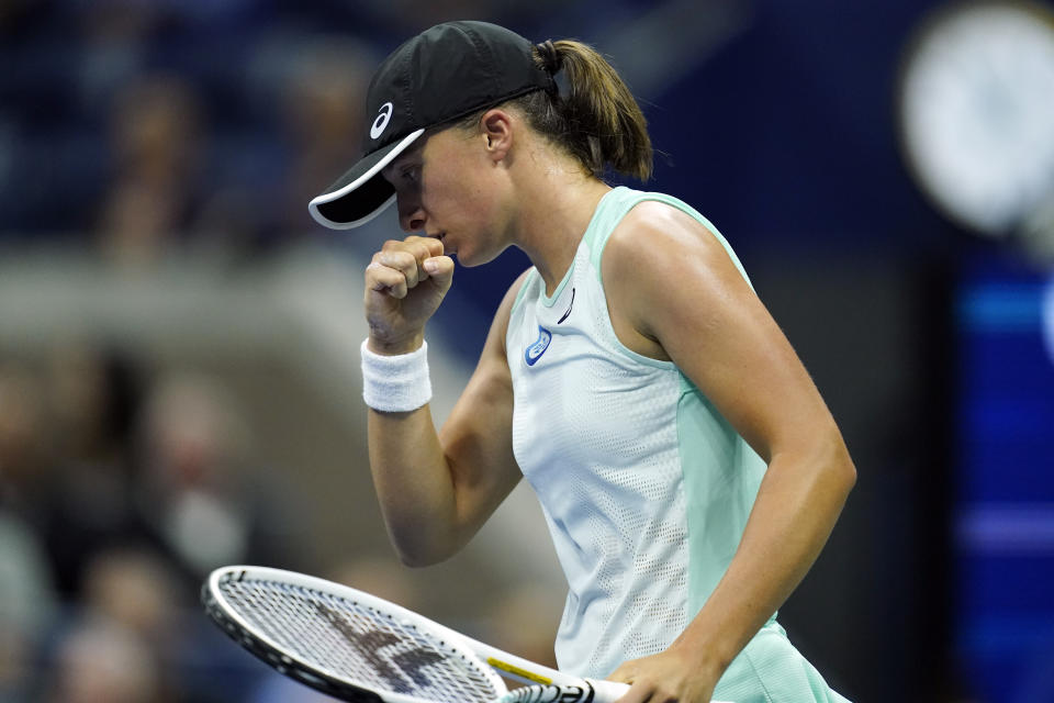 Iga Swiatek, of Poland, reacts to a shot as she plays against Jessica Pegula, of the United States, during the quarterfinals of the U.S. Open tennis championships, Wednesday, Sept. 7, 2022, in New York. (AP Photo/Julia Nikhinson)