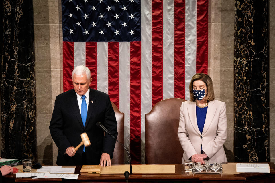 Vice President Mike Pence and House Speaker Nancy Pelosi preside over a joint session of Congress to certify the 2020 election results