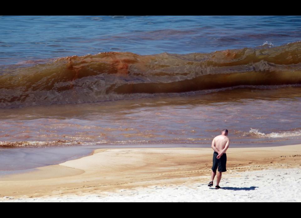 ORANGE BEACH, AL - JUNE 26:  A beach goer walks on the beach where oil  is seen in the water as it washes ashore from the Deepwater Horizon oil spill in the Gulf of Mexico on June 26, 2010 in Orange Beach, Alabama. Millions of gallons of oil have spilled into the Gulf since the April 20 explosion on the drilling platform.  (Photo by Joe Raedle/Getty Images)