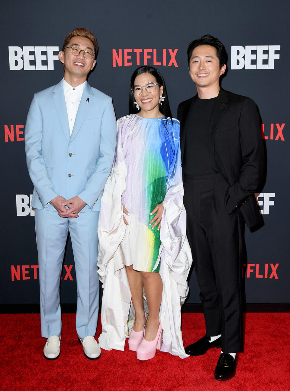 (L-R) Lee Sung Jin, Ali Wong, and Steven Yeun attend the Los Angeles Premiere of Netflix's "BEEF" at TUDUM Theater on March 30, 2023 in Hollywood, California.